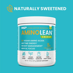 AminoLean Pineapple Coconut powder scoop beside canister