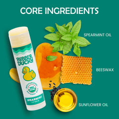 Rubber Ducky spearmint lip balm 3-pack flat lay showing compact travel-friendly design.