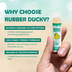 Rubber Ducky spearmint lip balm 3-pack packaging with recyclable materials.