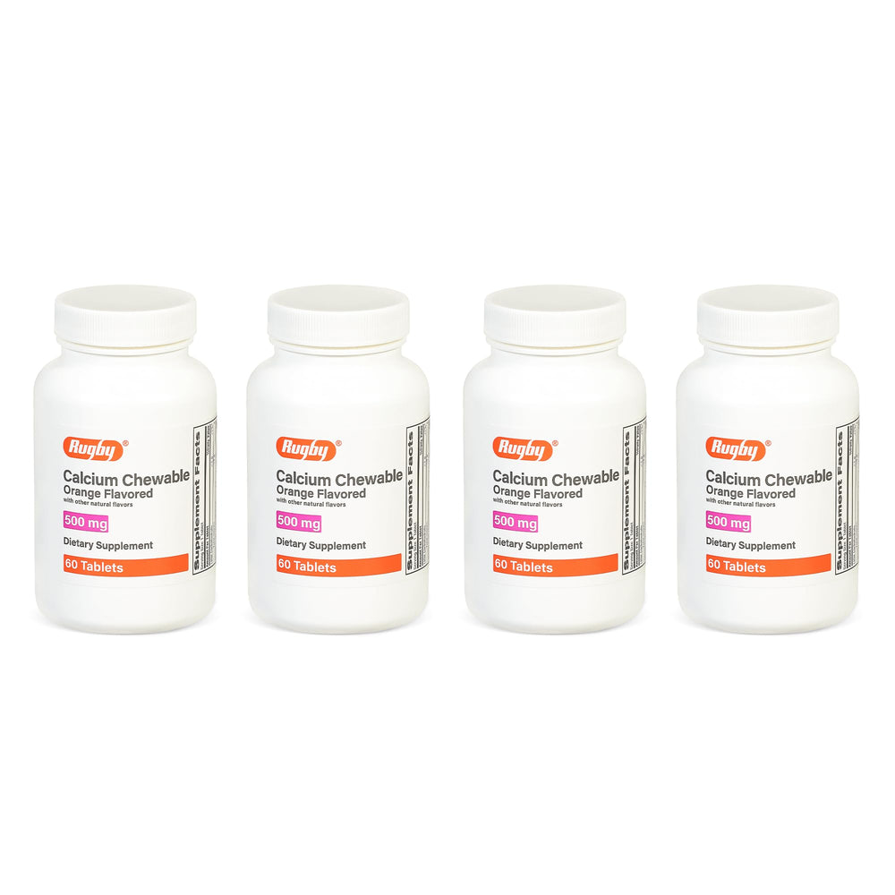 Bottle of Rugby 500mg Calcium Chewable Tablets with orange flavor, 60-count, four-pack.