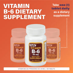 Close-up of Rugby Vitamin B-6 25mg tablets in bottle