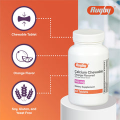 Bottle label for Rugby Calcium Chewable Tablets showing calcium and vitamin D information.