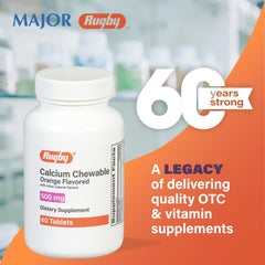 Close-up of orange-flavored Rugby calcium chewable tablets