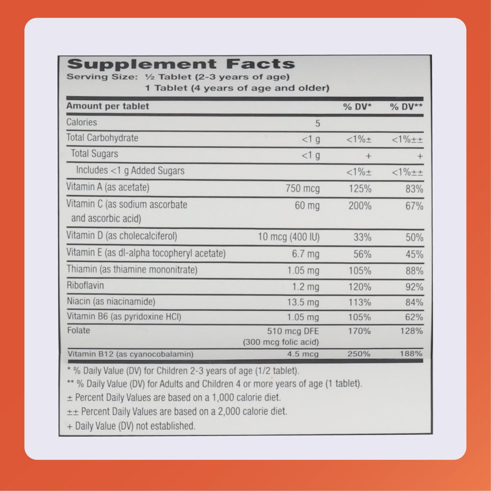 Nutrition label showing vitamins A, C, D, E and B-complex in Rugby multivitamins
