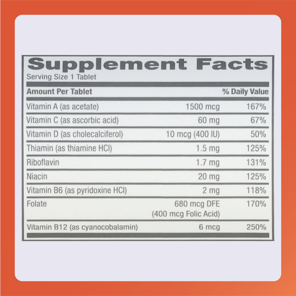 Nutrition facts panel on Rugby Daily-Vite label