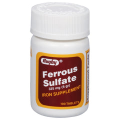Bottle of Rugby Ferrous Sulfate 325mg tablets on white background
