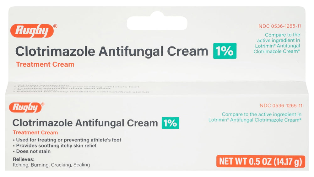Rugby Laboratories clotrimazole cream 1% tube for at-home antifungal care and relief.