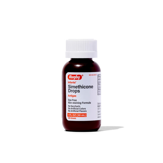 Rugby Laboratories dye-free infants gas drops bottle illustrates easy dosing for gentle tummy relief after meals.
