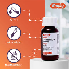 Rugby Laboratories dye-free infants gas drops mixing shows can be added to water or formula for convenience.