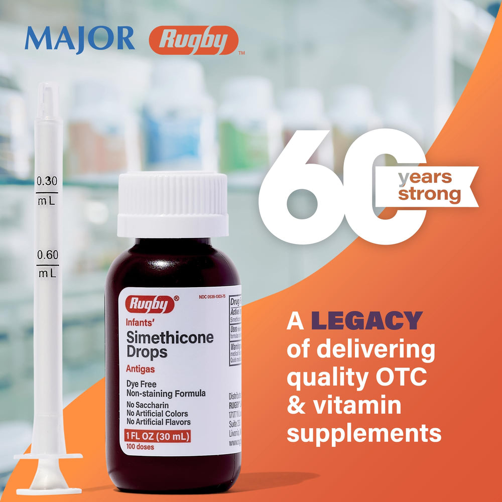 Rugby Laboratories dye-free infants gas drops product on shelf with no artificial colors.