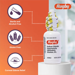 Rugby Laboratories hypertonicity eye drops application close-up indicating simple dosing