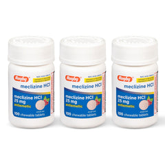 Rugby Laboratories meclizine 25mg chewable bottle closeup for portable travel relief.