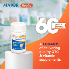 Close-up of Rugby Laboratories chewable tablets, easy-to-carry anti-nausea option for trips.