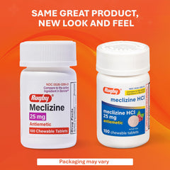 Chewable meclizine 25mg tablets from Rugby Laboratories shown in oral form.