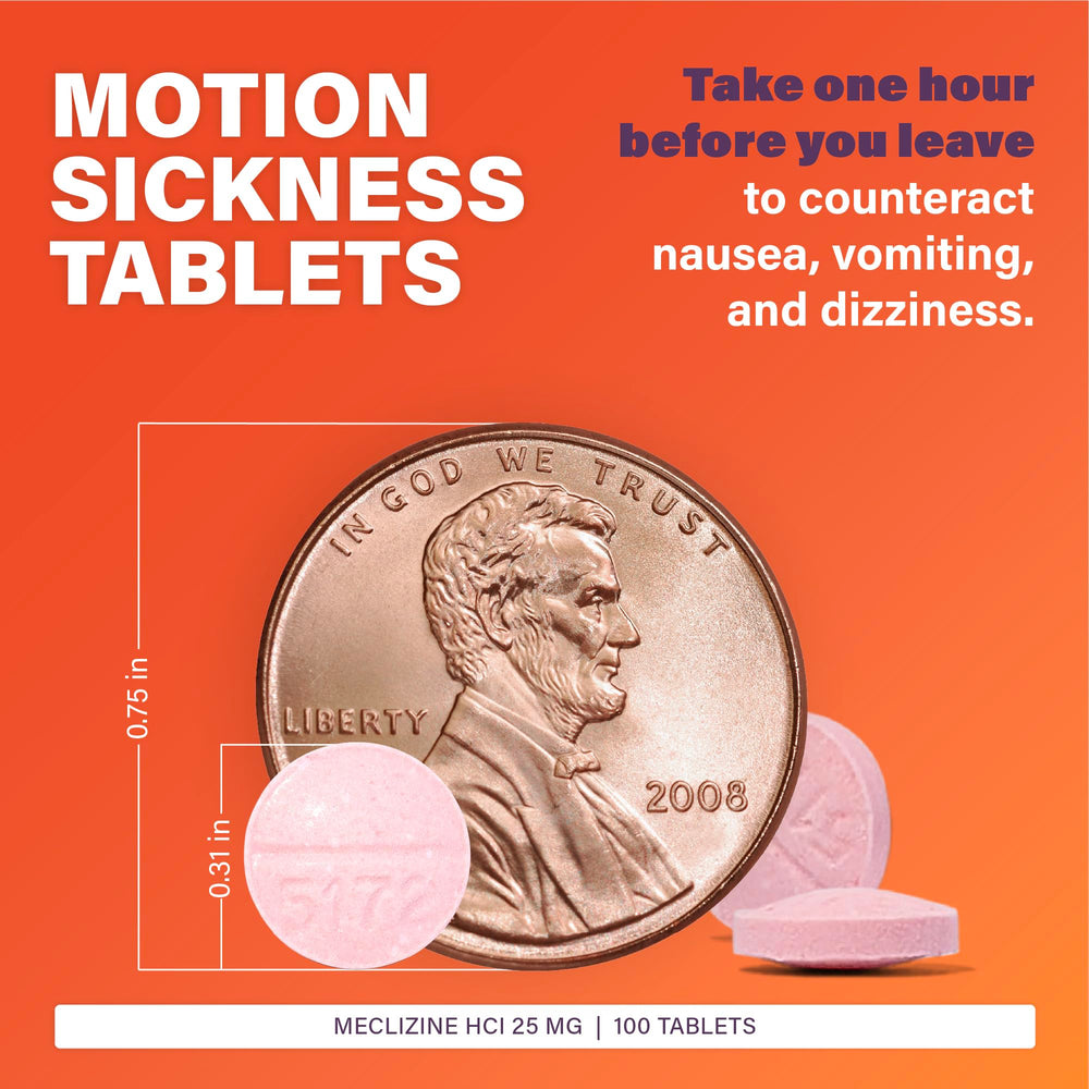 Rugby Laboratories meclizine chewable tablets packaging visible for easy travel kit inclusion.