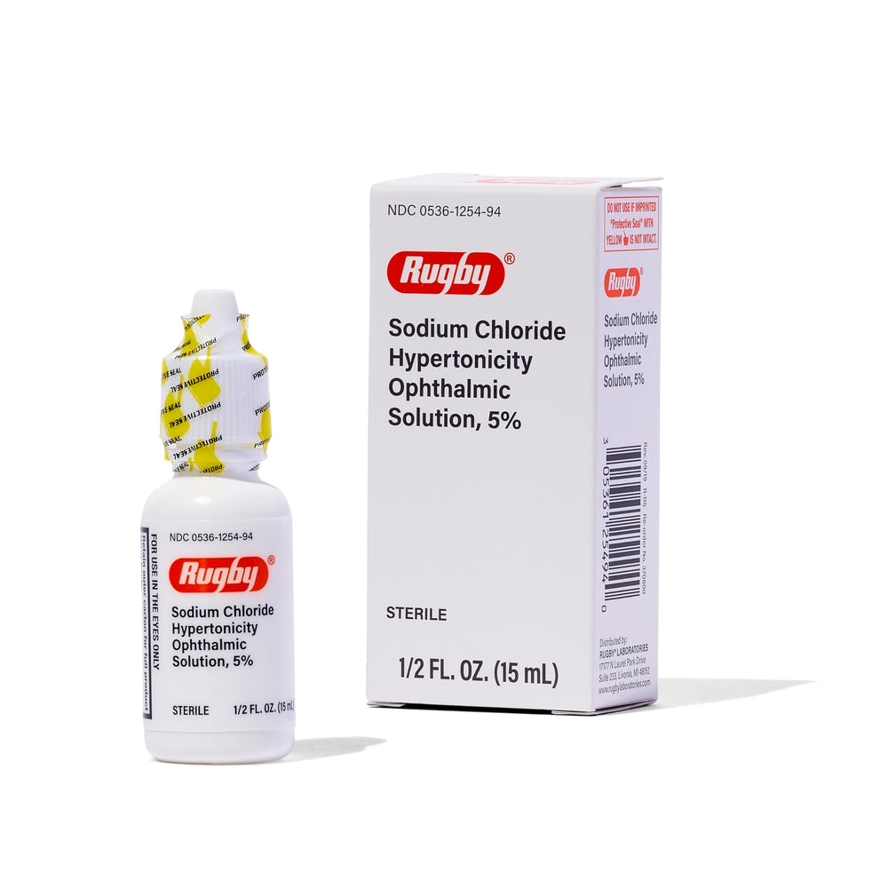 Rugby Laboratories sodium chloride eye drops 5% bottle front for corneal edema symptom support
