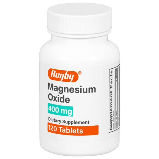 Front view of Rugby Magnesium Oxide 400 mg tablets bottle - 120 count