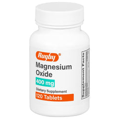 Front view of Rugby Magnesium Oxide 400 mg tablets bottle - 120 count