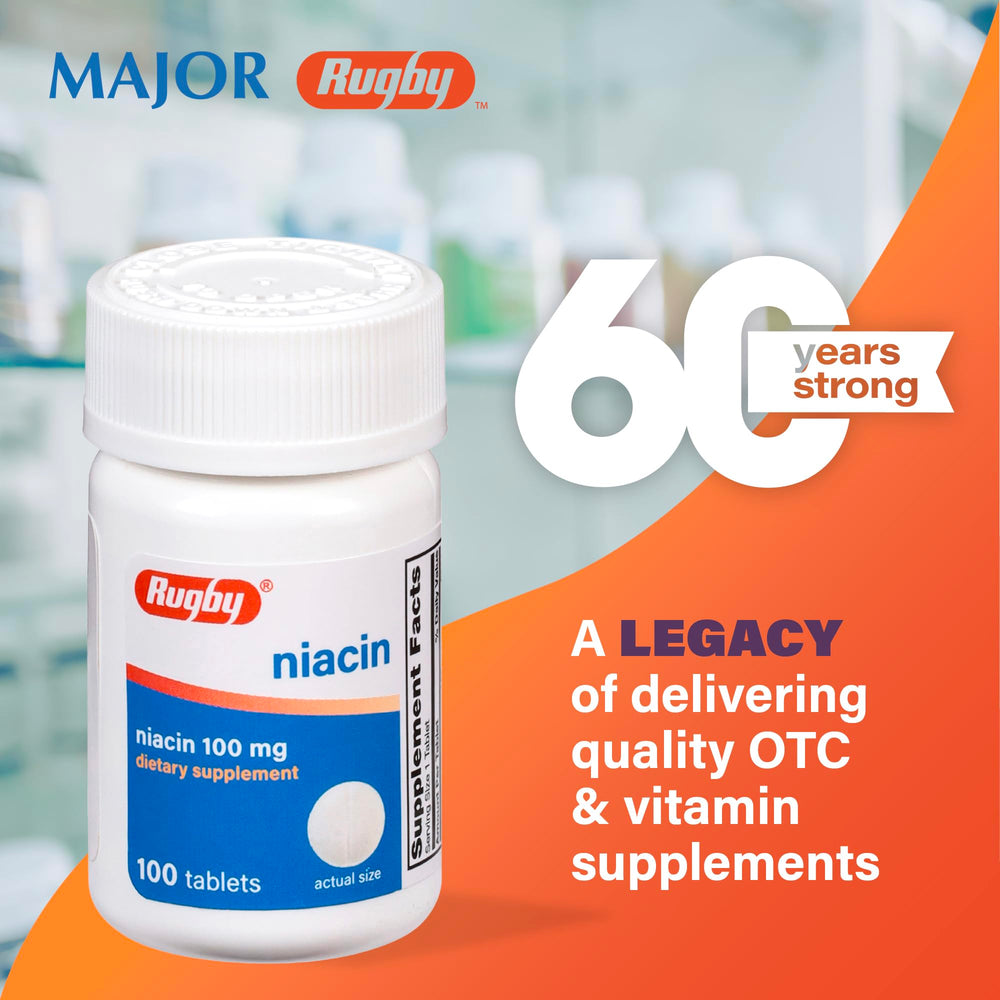 Close-up of Rugby Niacin 100mg tablets