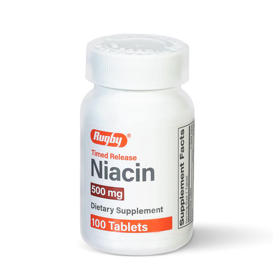 Front label of Rugby Timed-Release Niacin 500mg bottle showing 100 tablets