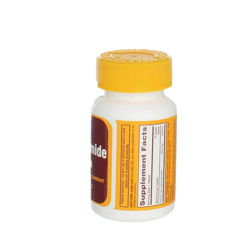 Niacinamide 500 mg tablet beside bottle