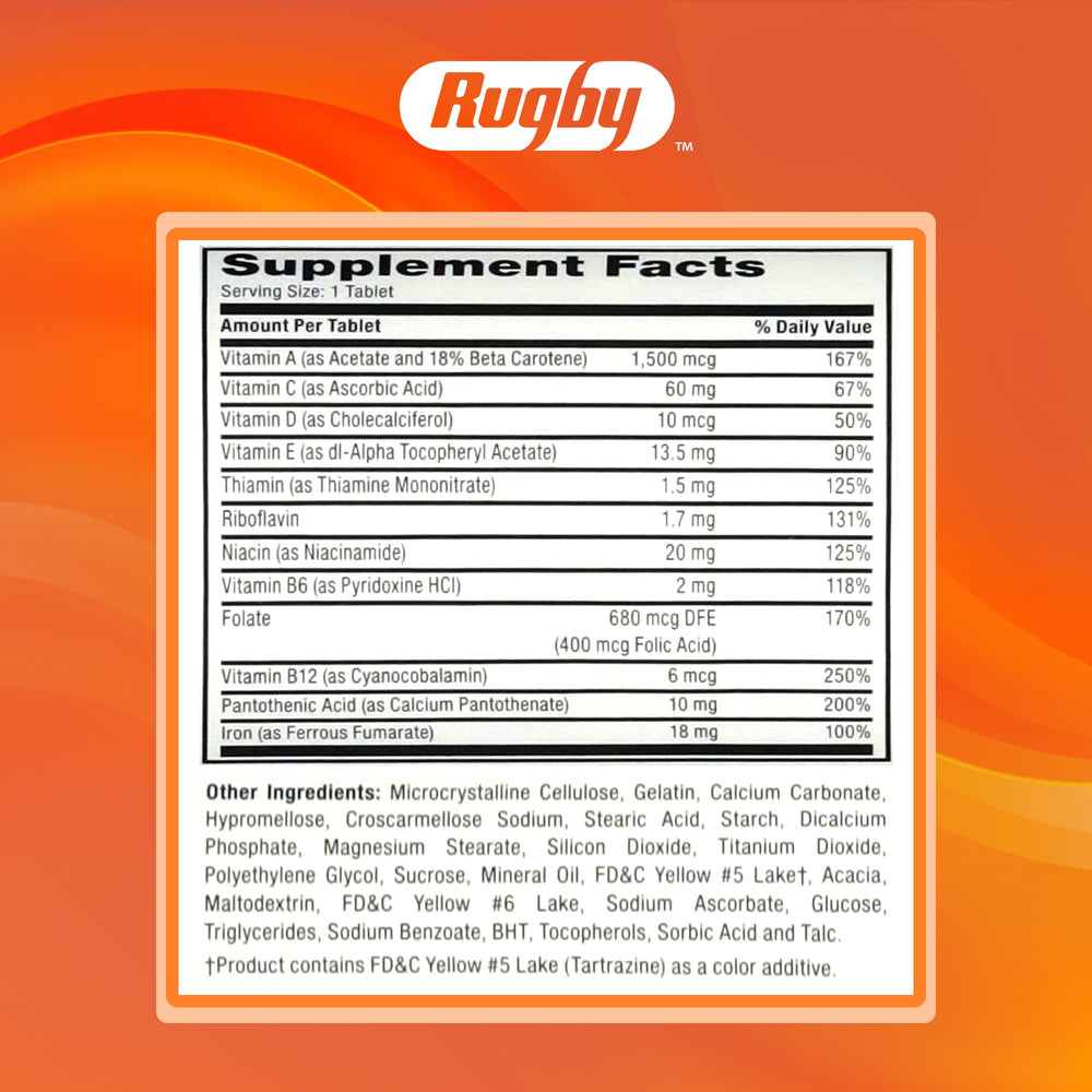 Rugby Tab-A-Vite multivitamin bottle back label with supplement facts