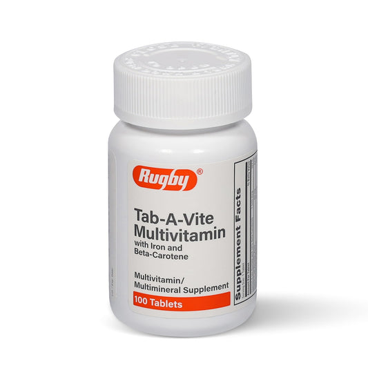 Rugby Tab-A-Vite multivitamin bottle front view with label