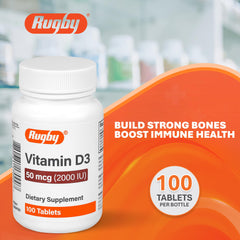 Back label of Rugby Vitamin D3 bottle showing ingredients