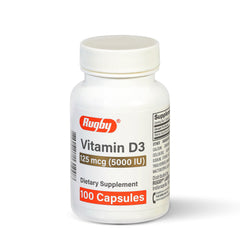 Rugby Vitamin D3 bottle showing 5000 IU per capsule