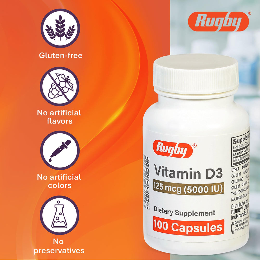Rugby Vitamin D3 bottle placed on a white surface