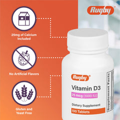 Close-up of Rugby Vitamin D3 label on bottle