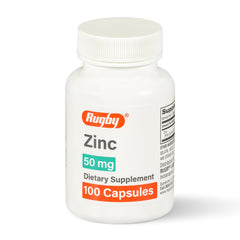 Rugby Zinc 50mg gluten-free daily supplement bottle with 100 count
