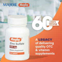 Four-pack box displaying 100 tablets of Rugby Zinc Sulfate