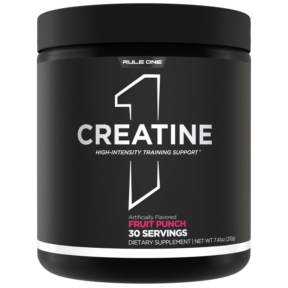 Rule 1 Creatine Powder Fruit Punch flavor bottle and label