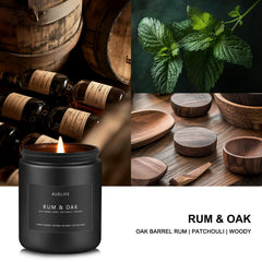 Close-up of Rum & Oak candle label on black jar