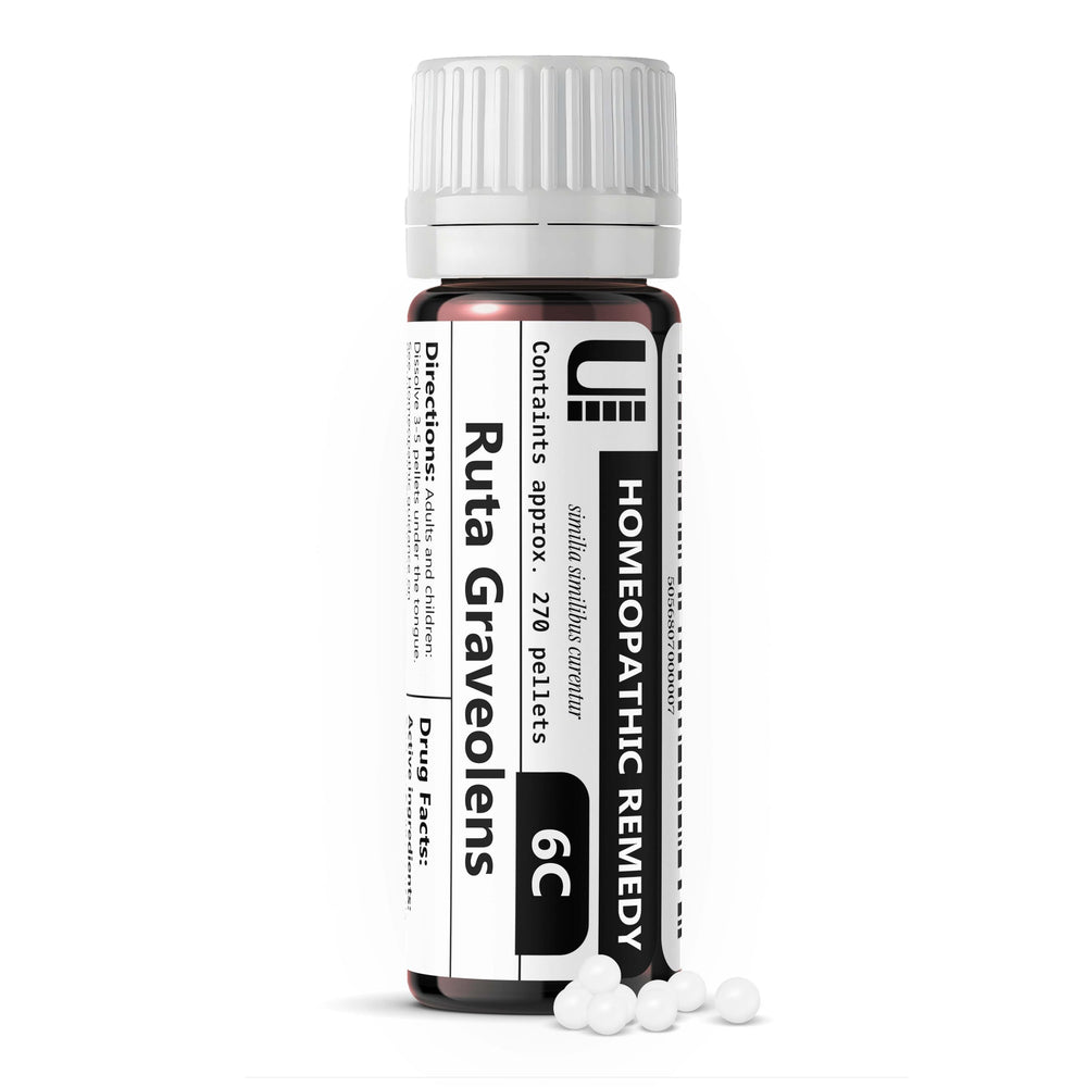 Front view of Ruta Graveolens 6C homeopathic remedy bottle containing 270 lactose-free pellets