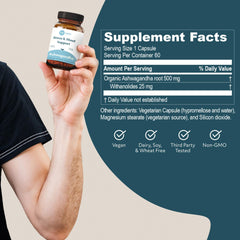 Ashwagandha capsules showing 500 mg per pill on bottle
