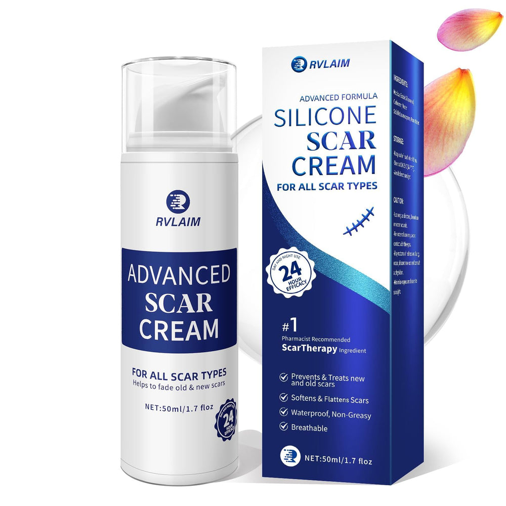 Rvlaim scar-cream bottle closeup for silicone-based scar care and moisturized skin.
