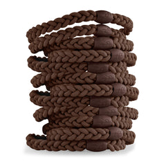 Ryan and Rose Cutie Bands brown 12-pack closeup showing braided elastic for gentle hold