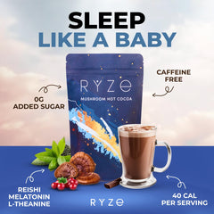 Ingredients highlight showing Reishi, cacao, chicory, glycine and sleep-supporting compounds