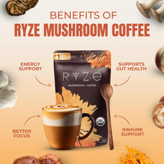 Front view of mushroom coffee with 6-mushroom blend