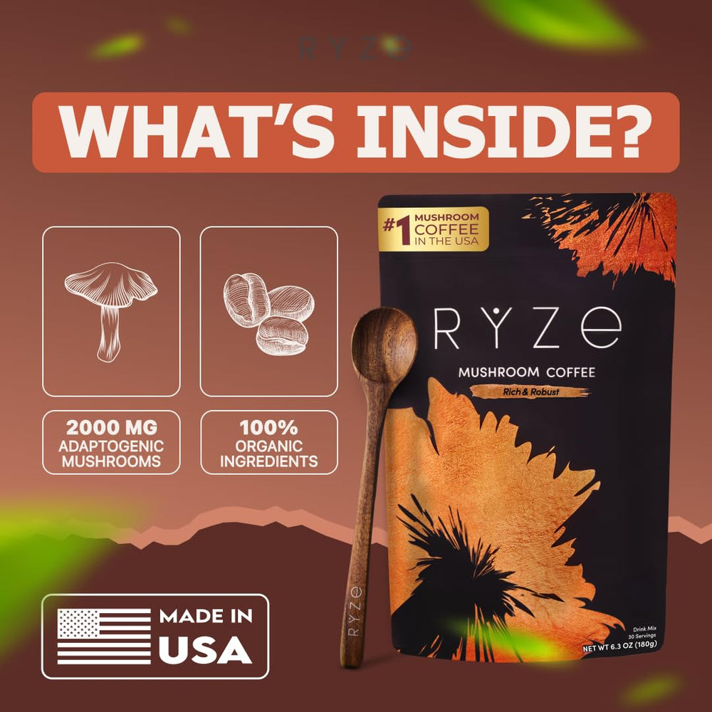 Six mushrooms used in the blend: Cordyceps, Lion's Mane, Reishi, Shiitake, Turkey Tail, King Trumpet