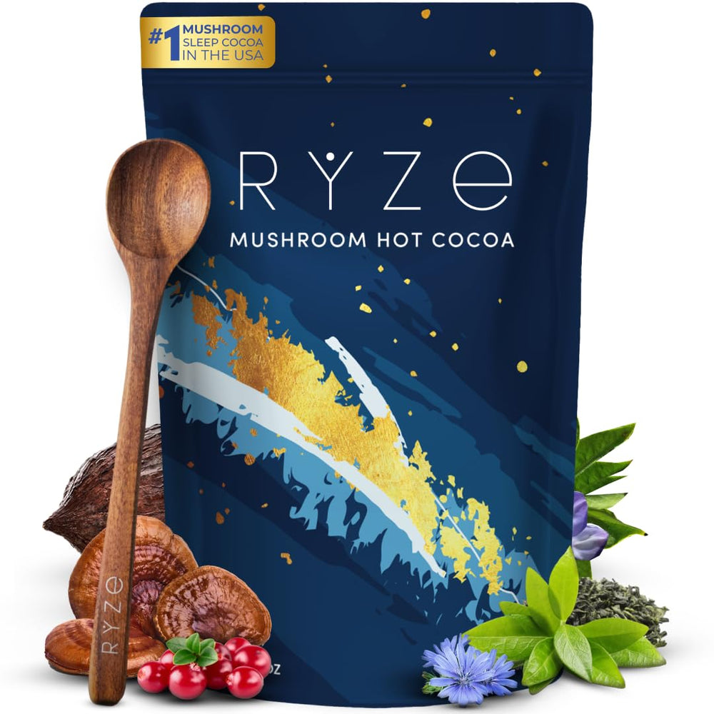 Front view of RYZE SUPERFOODS Mushroom Hot Cocoa Melatonin Sleep Supplement tub