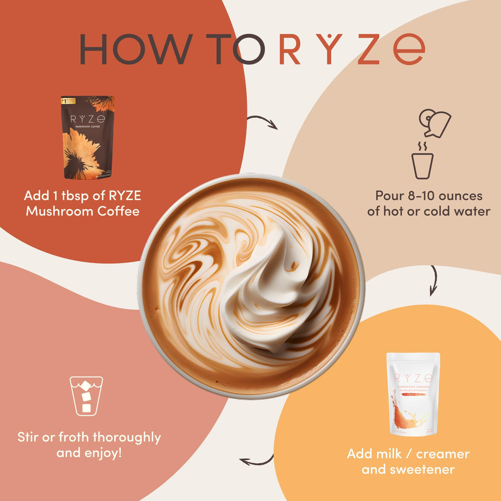 RYZE mushroom coffee fueling a bright morning routine with steady focus