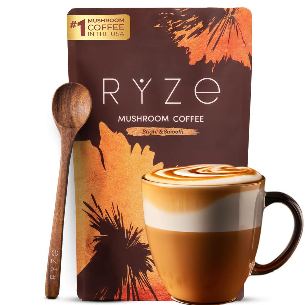 RYZE Superfoods mushroom coffee packaging for convenient mornings and steady energy