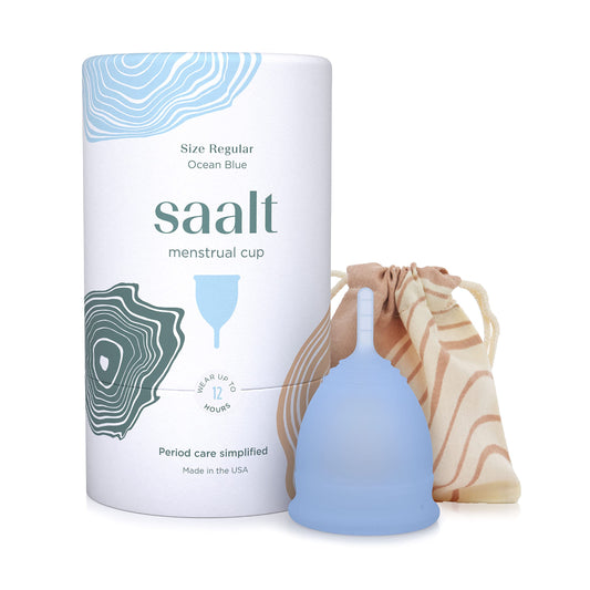 Saalt menstrual cup regular ocean blue packaging highlights travel-friendly, leak-free protection.