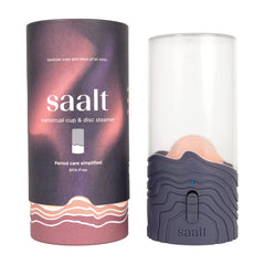 Saalt menstrual cup steamer button-press action for quick, hands-free sanitizing on demand.