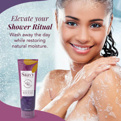 Saavy Naturals body wash lather closeup highlighting smooth, gentle cleanse suitable for delicate skin.