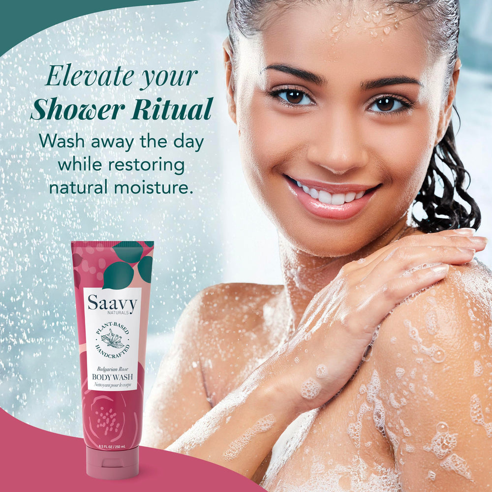 Saavy Naturals body wash foam-lather demonstrating hydrating daily use