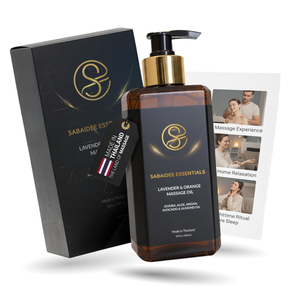 Bottle of SABAIDEE Essentials Aromatherapy Massage Oil Lavender Orange 10 oz